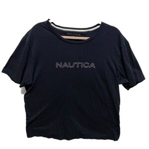 NAUTICA L navy blue back graphic tee relaxed fit unisex GUC 0868